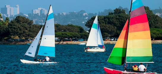 colorful sailboats in Mission Bay in San Diego